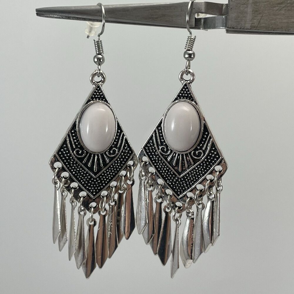 Bold Statement Chunky Silver Tone Fringe Chandelier Boho Dangle Earrings